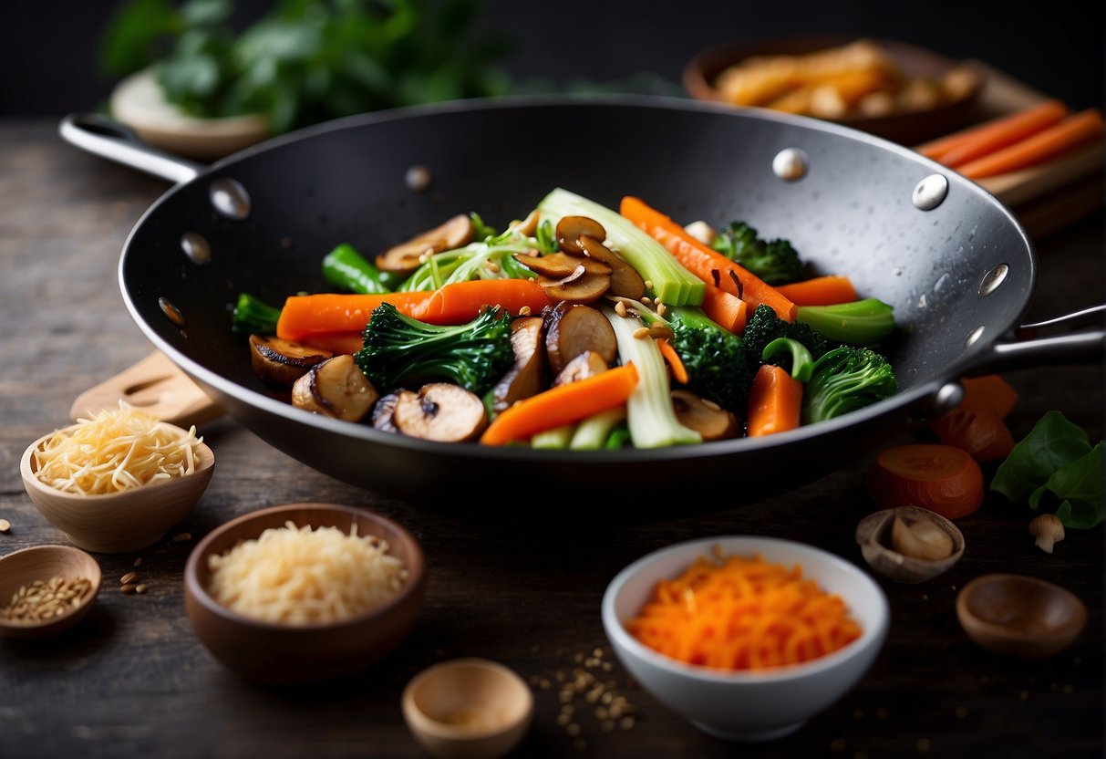 A wok sizzles with stir-fried bok choy, carrots, and mushrooms in a fragrant garlic and ginger sauce. Soy sauce and sesame oil glisten on the colorful vegetables