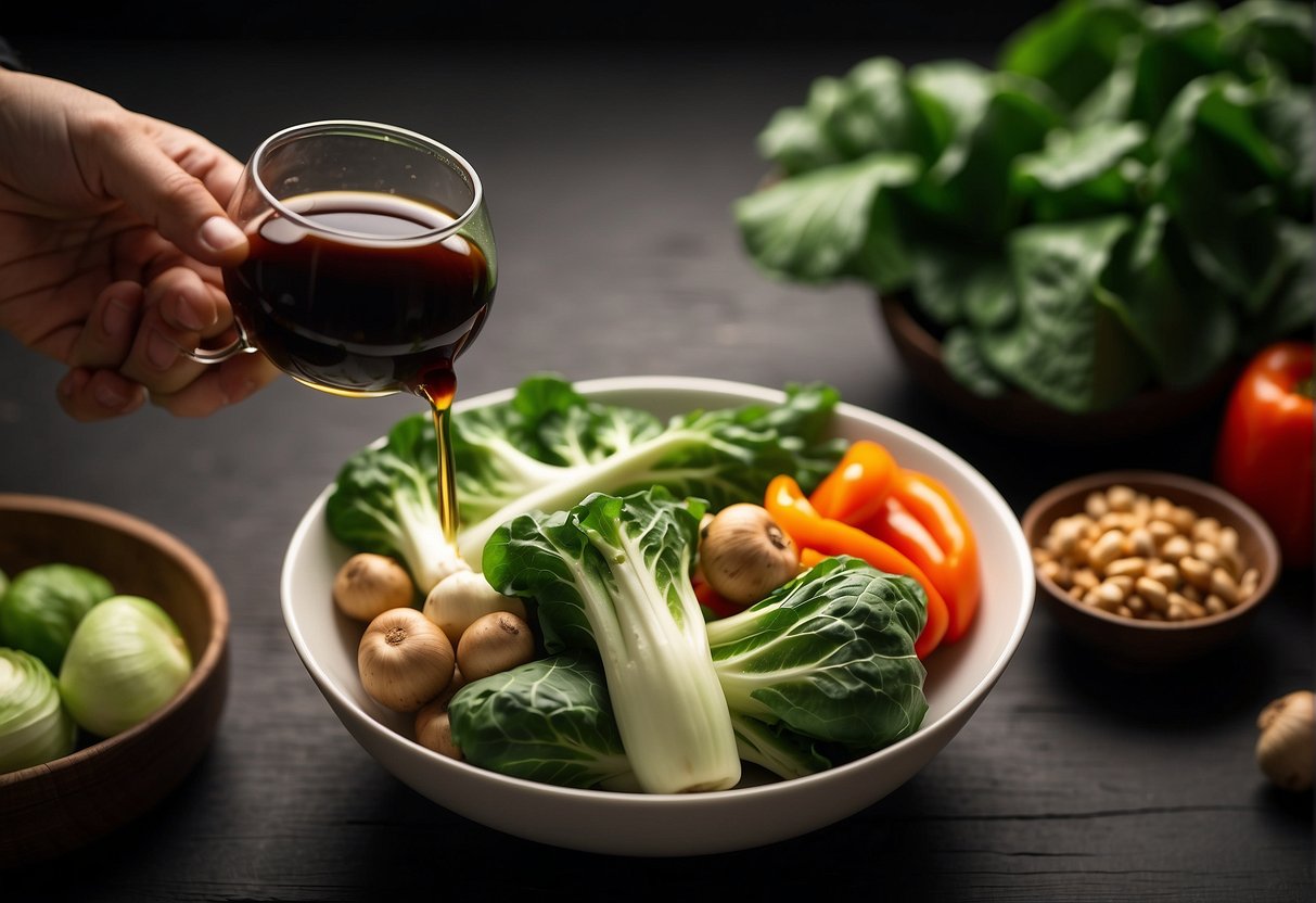 A hand reaches for fresh bok choy, mushrooms, and bell peppers. A bowl of soy sauce and ginger sits nearby
