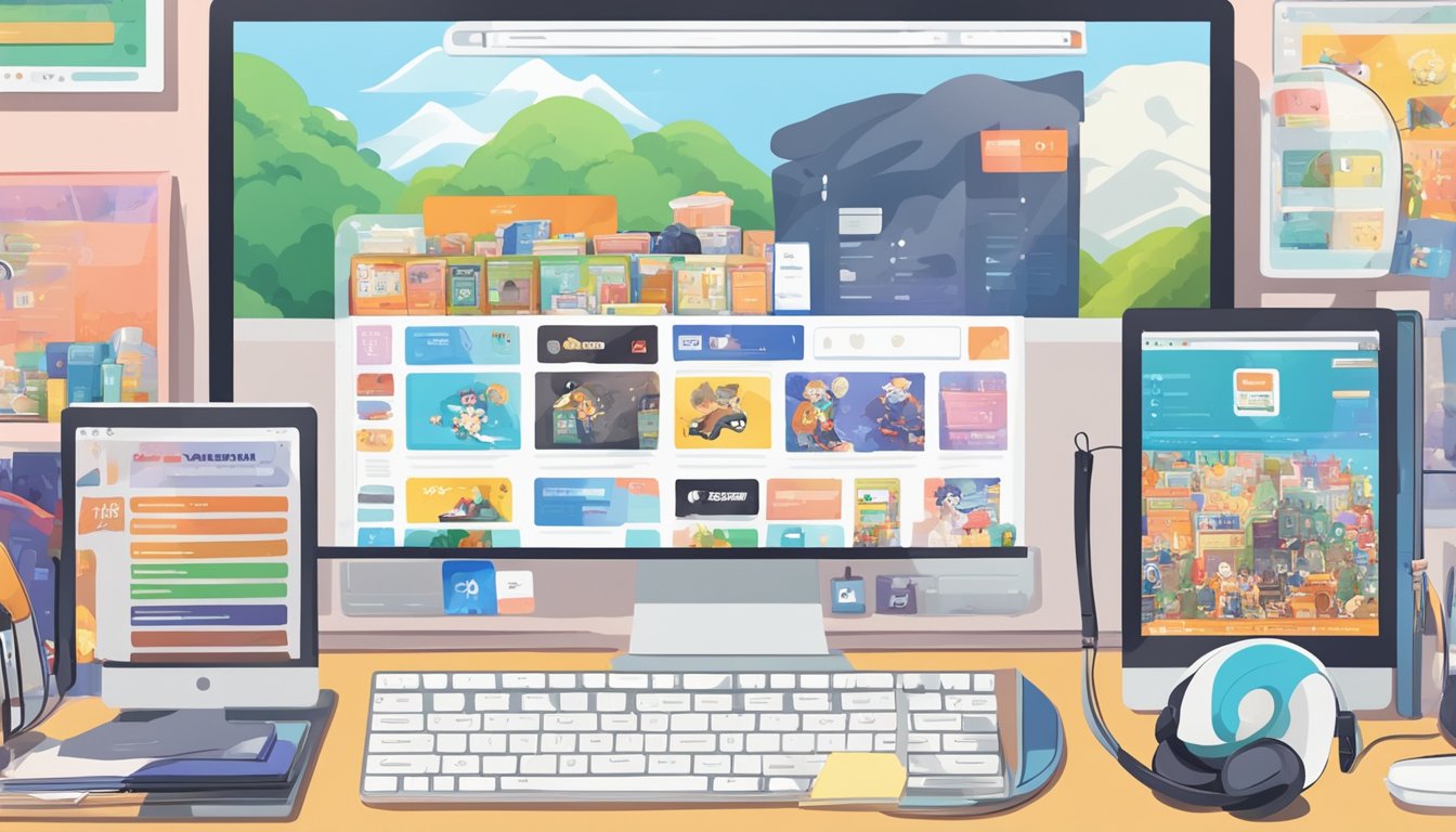 A computer screen displaying various anime merchandise websites. An open browser with tabs of different online stores. Anime figurines and posters on a desk