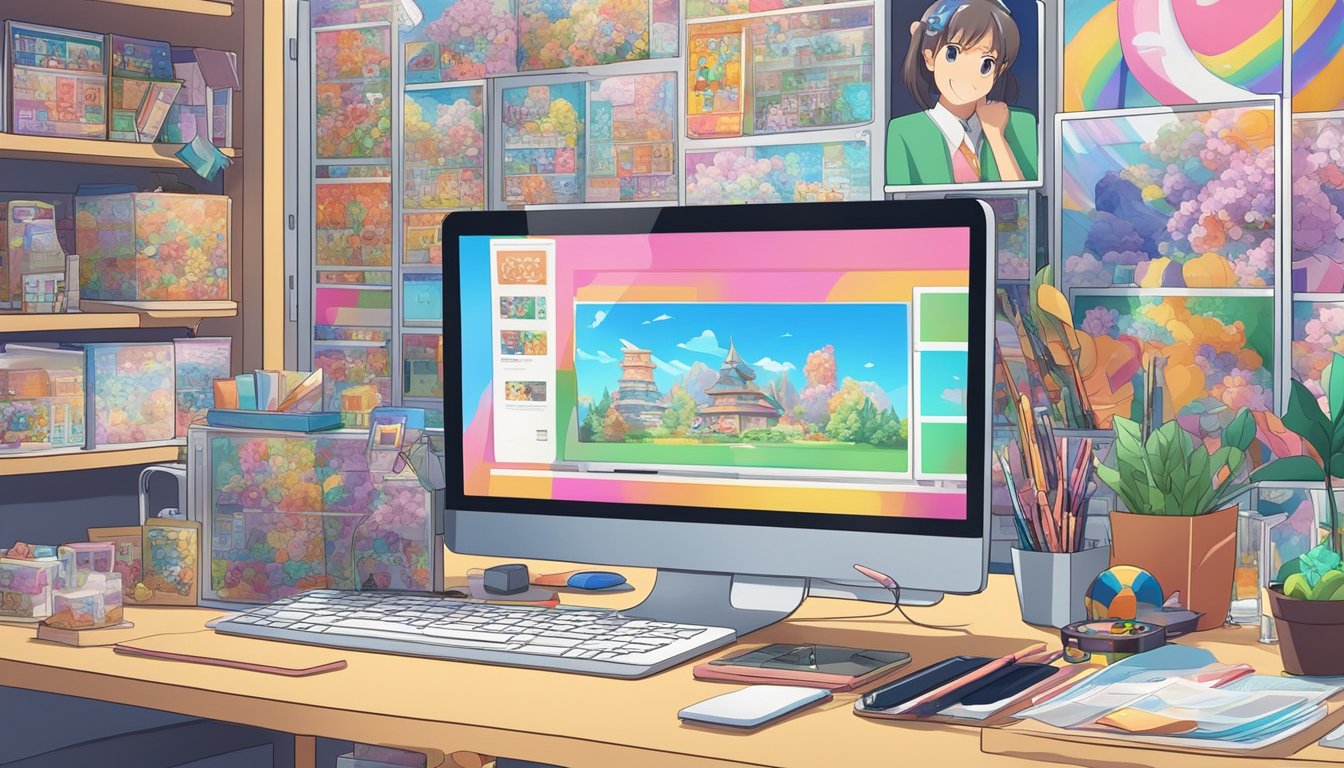 A computer screen displaying a website with various anime merchandise for sale, surrounded by colorful posters and figurines