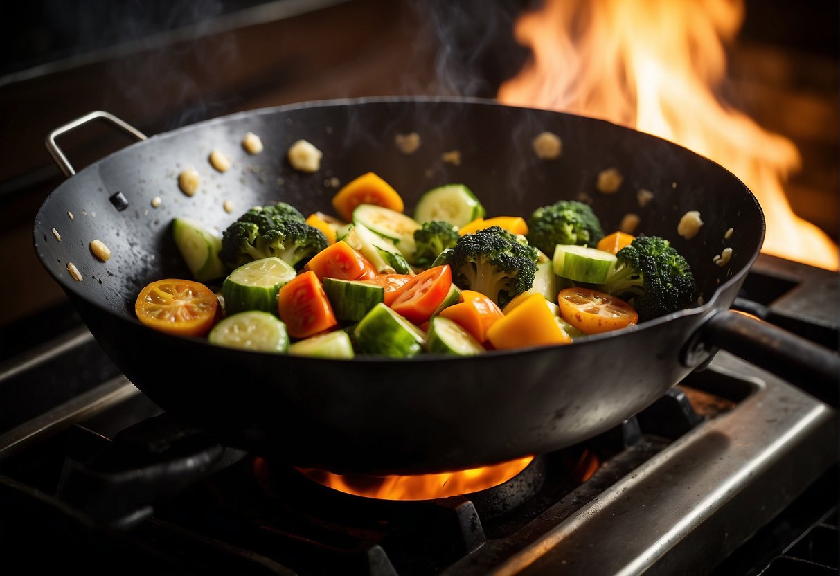 Various vegetables being chopped and mixed with Chinese seasonings in a wok over a hot flame