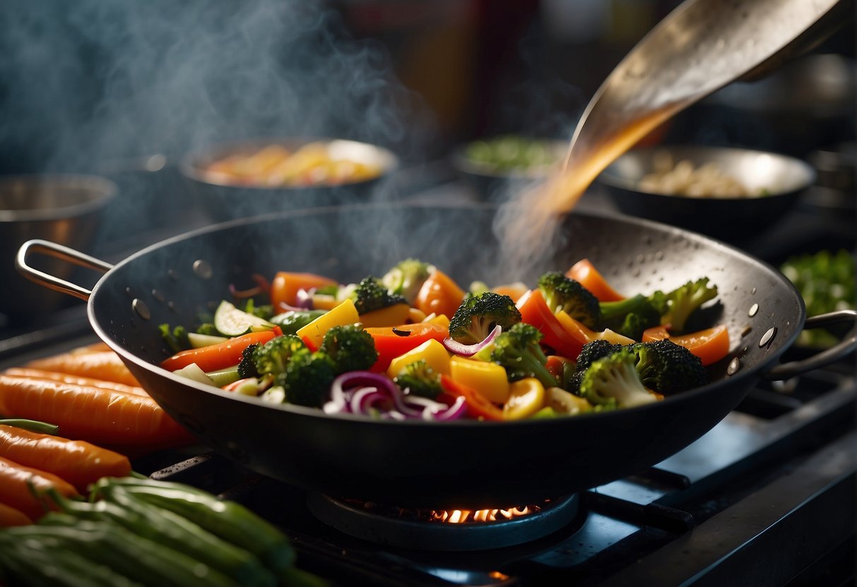A wok sizzles with colorful vegetables, being tossed and stir-fried in a flavorful Chinese sauce. Steam rises as the ingredients are expertly mixed and cooked to perfection