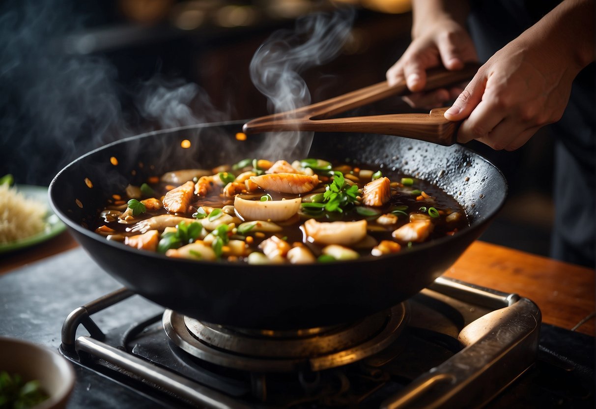 A wok sizzles with garlic and ginger as a chef pours soy sauce and fish sauce into the bubbling mixture. The room is filled with the savory aroma of the traditional Chinese fish sauce recipe