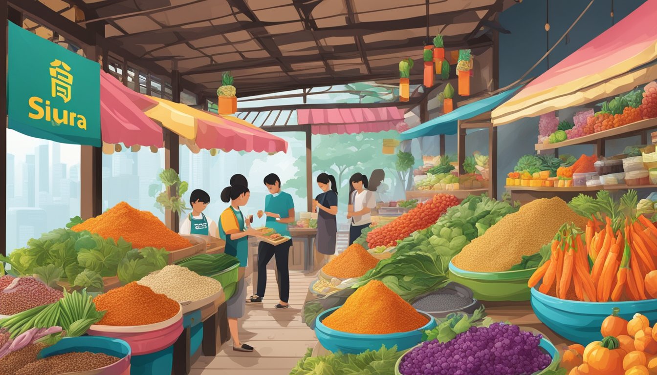 A bustling Singapore market stall sells asyura paste in vibrant packaging, surrounded by exotic spices and colorful produce