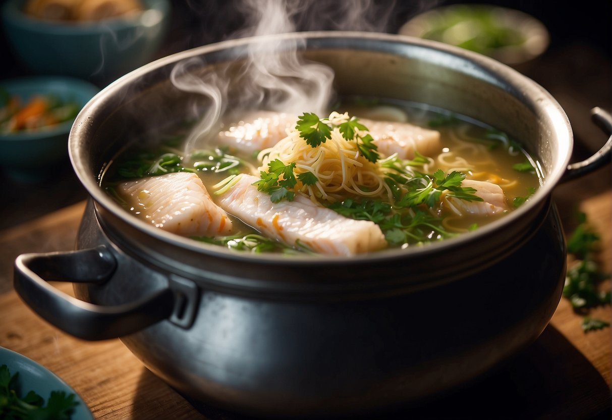 A steaming pot of Chinese fish soup simmering with ginger, scallions, and fragrant herbs, with a whole fish gently cooking in the flavorful broth