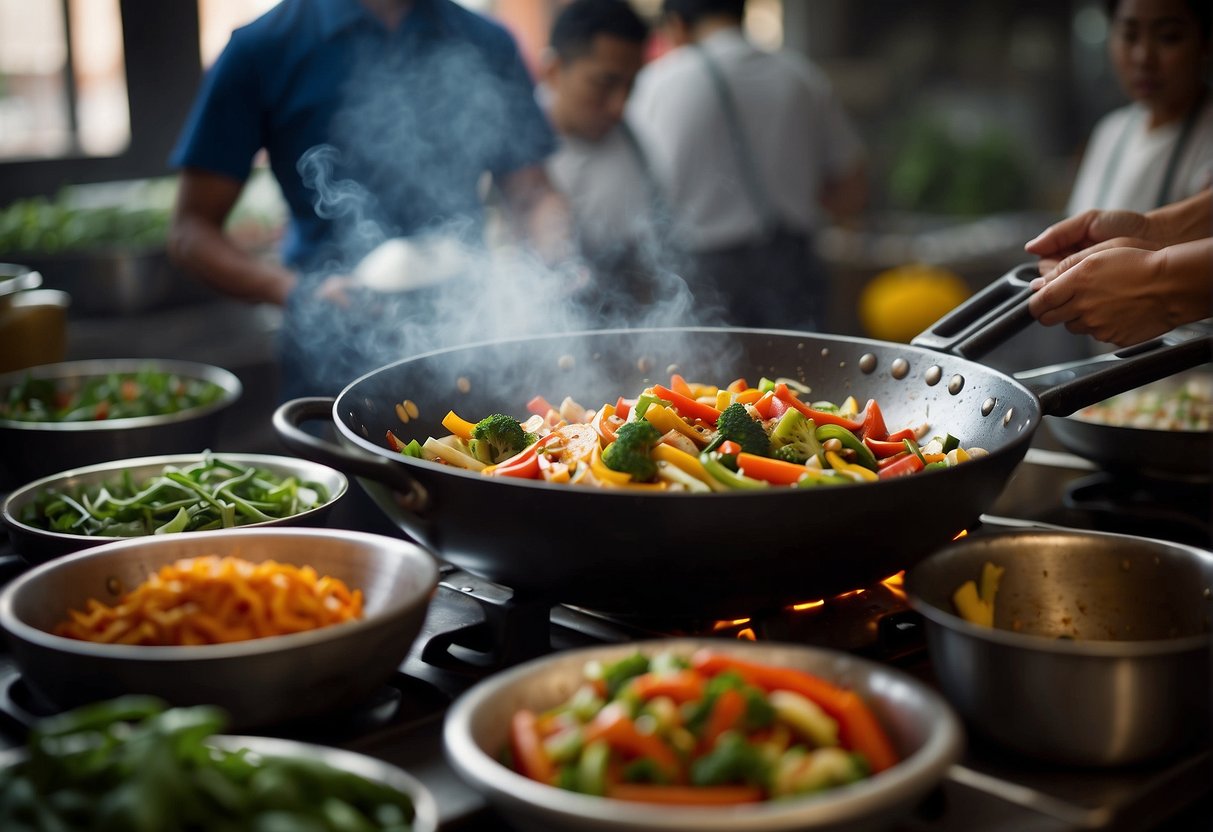 A wok sizzles as colorful vegetables are tossed with a savory sauce and aromatic seasonings in a bustling Chinese kitchen