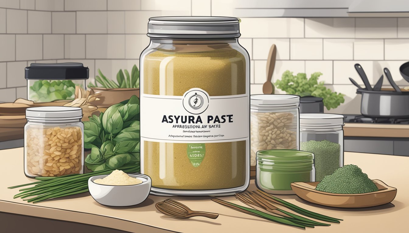 A jar of Asyura Paste sits on a clean kitchen countertop, surrounded by fresh ingredients and cooking utensils. The label prominently displays the product name and a tagline "Where to buy Asyura Paste in Singapore."