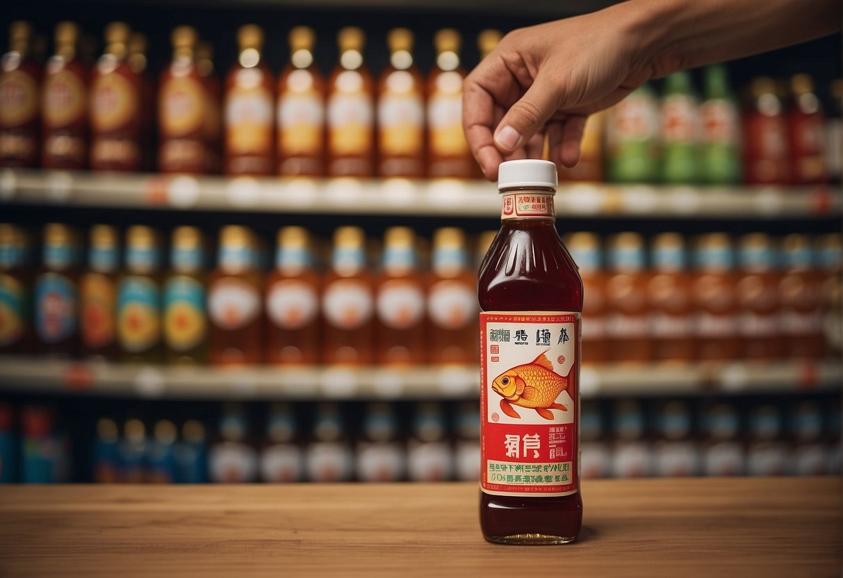 A hand reaches for a bottle of Chinese fish sauce on a crowded grocery store shelf. The label is colorful and eye-catching, with bold Chinese characters and an image of a fish