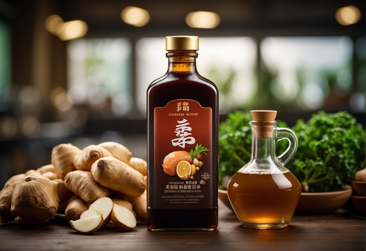 A bottle of Chinese fish sauce surrounded by fresh ginger, garlic, and soy sauce. Optional substitutes like miso and anchovy paste nearby