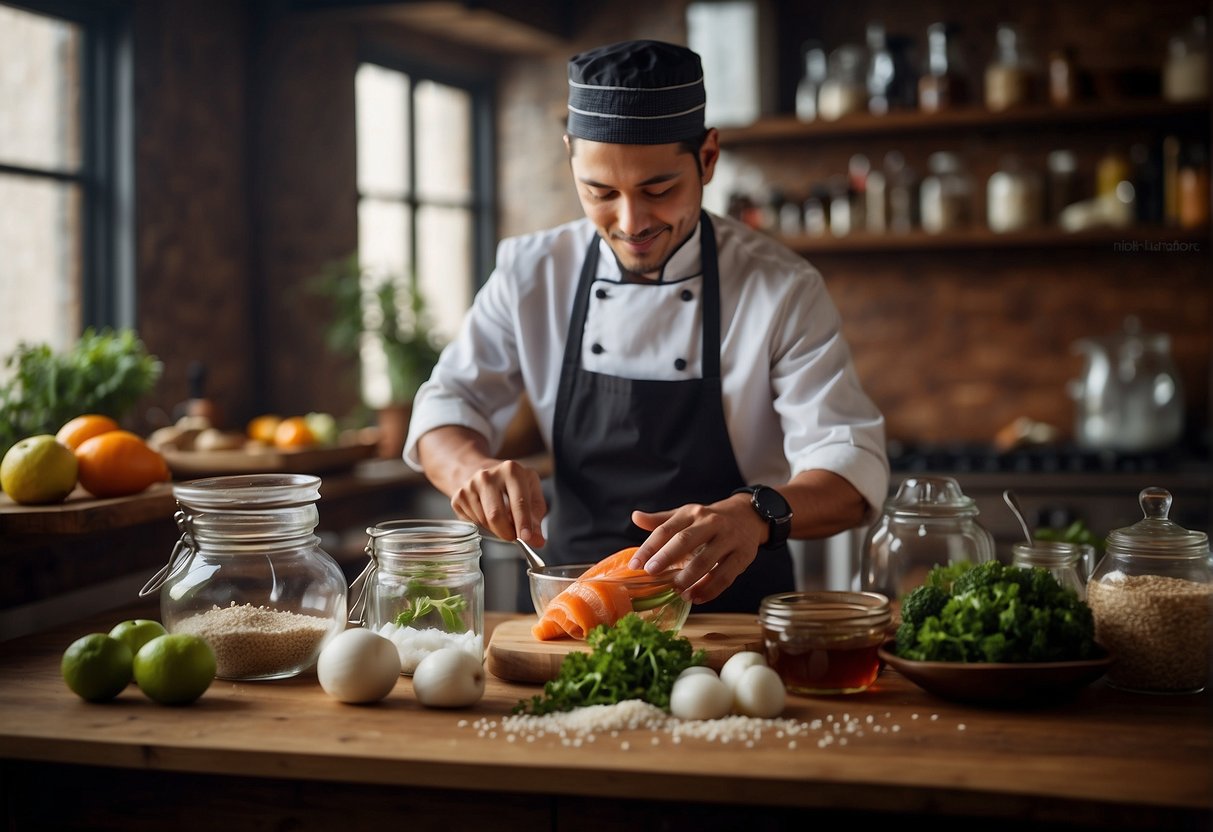 A table is set with ingredients: fish, salt, water, and a glass jar. A chef is mixing the fish sauce in a bowl