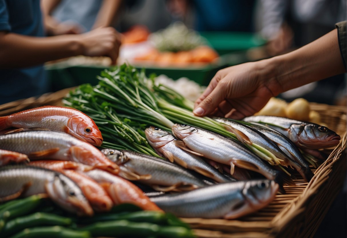 A hand reaches for fresh fish, ginger, and scallions in a bustling Chinese market
