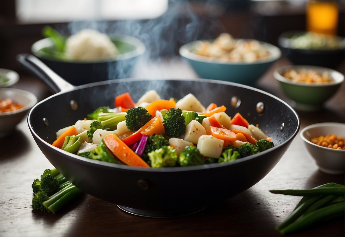 A table set with a colorful array of stir-fried vegetables, steaming in a wok, with chopsticks and a serving bowl