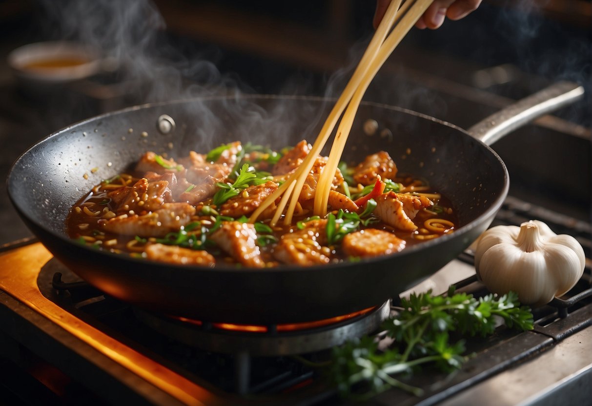 A wok sizzles over high heat as Chinese fish sauce is poured in, creating a savory aroma. Steam rises from the bubbling liquid, while ginger and garlic add depth to the dish