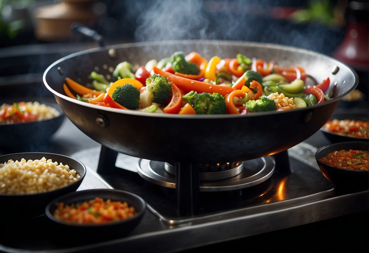 A wok sizzles with a colorful mix of chopped vegetables in a fragrant Chinese-style sauce. Steam rises as the ingredients are tossed together over high heat