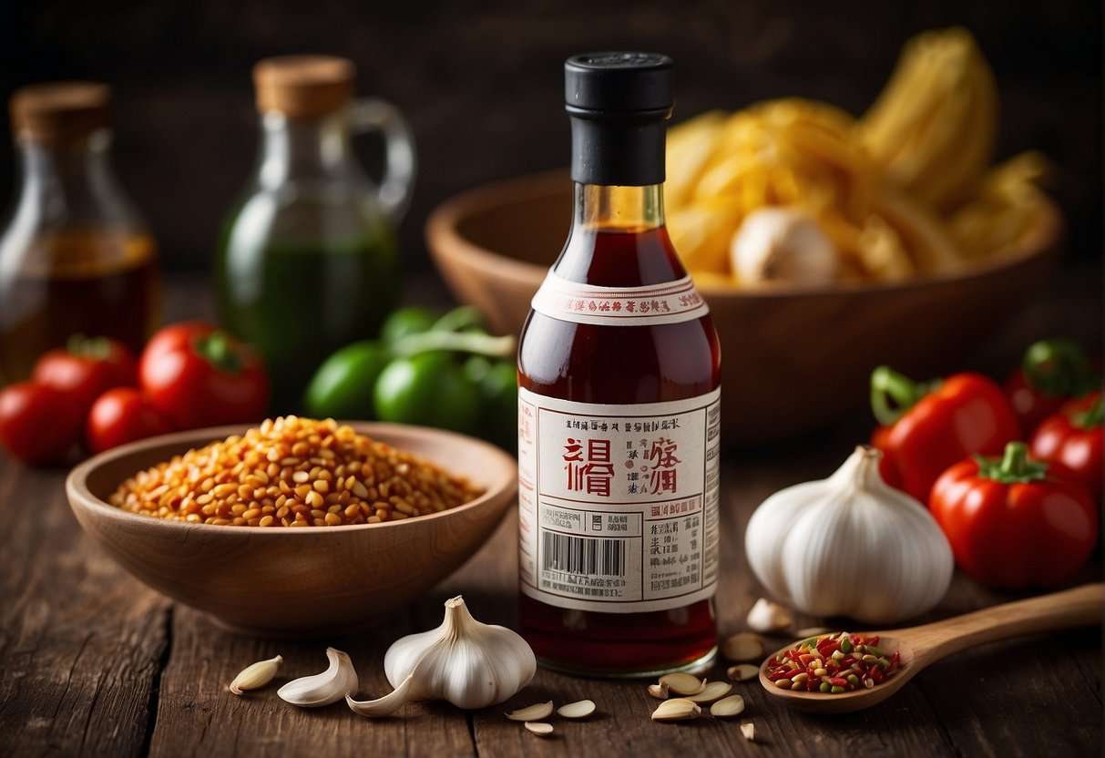 A bottle of Chinese fish sauce sits on a wooden table, surrounded by ingredients like garlic, ginger, and chili peppers. A nutrition label and serving information are prominently displayed on the bottle