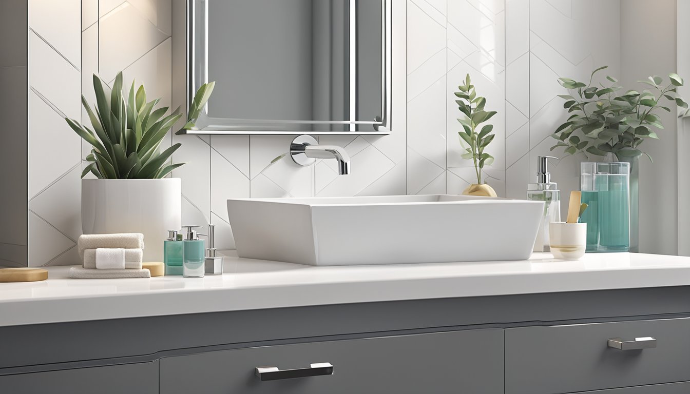A modern bathroom with sleek, chrome accessories displayed on a clean, white countertop. A variety of items are neatly arranged, including soap dispensers, toothbrush holders, and towel racks