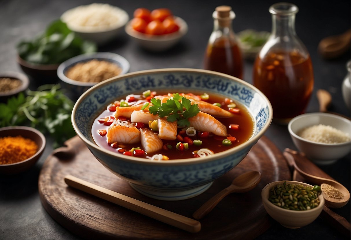 A bowl of Chinese fish sauce surrounded by ingredients and cooking utensils on a kitchen counter