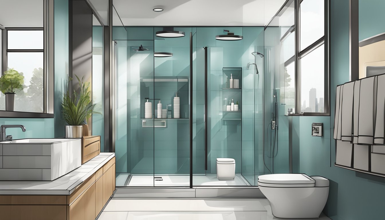 A modern bathroom with sleek, chrome fixtures and a glass shower enclosure. Shelves are lined with neatly organized, stylishly designed bathroom accessories