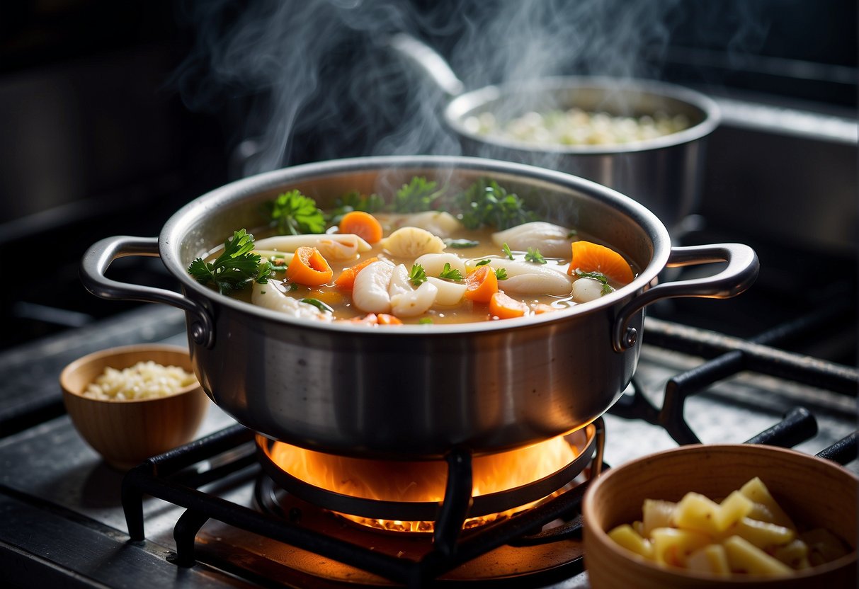 A pot simmers on a stove with fish bones, ginger, and vegetables. A fragrant steam rises as the soup base cooks