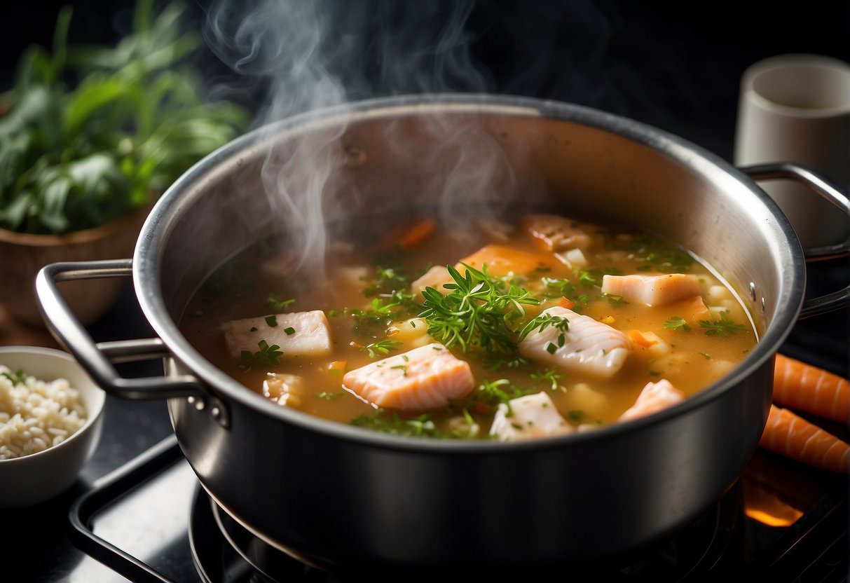 A pot simmering on a stove, filled with Chinese fish soup and milk. Steam rising, with floating pieces of fish and herbs