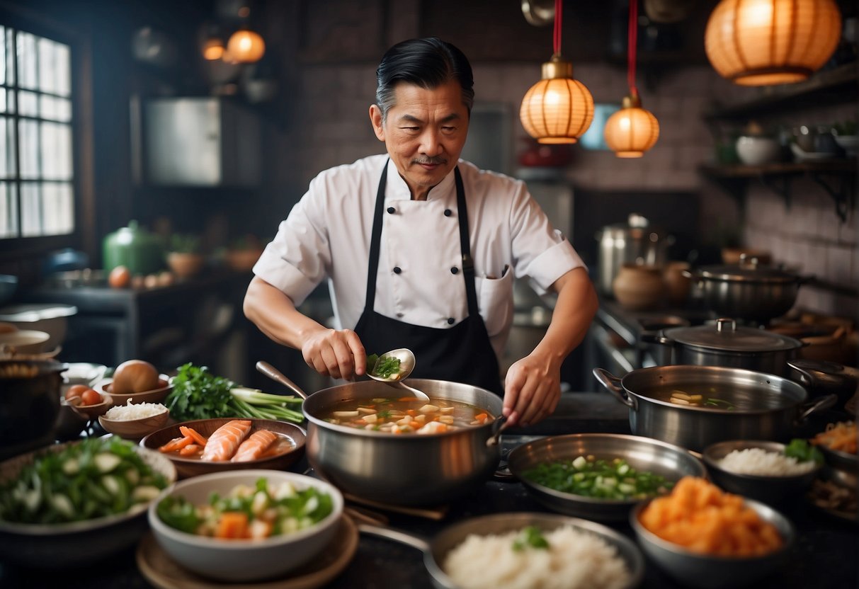 A chef prepares and serves Chinese fish soup in a traditional kitchen setting, surrounded by various cooking utensils and ingredients