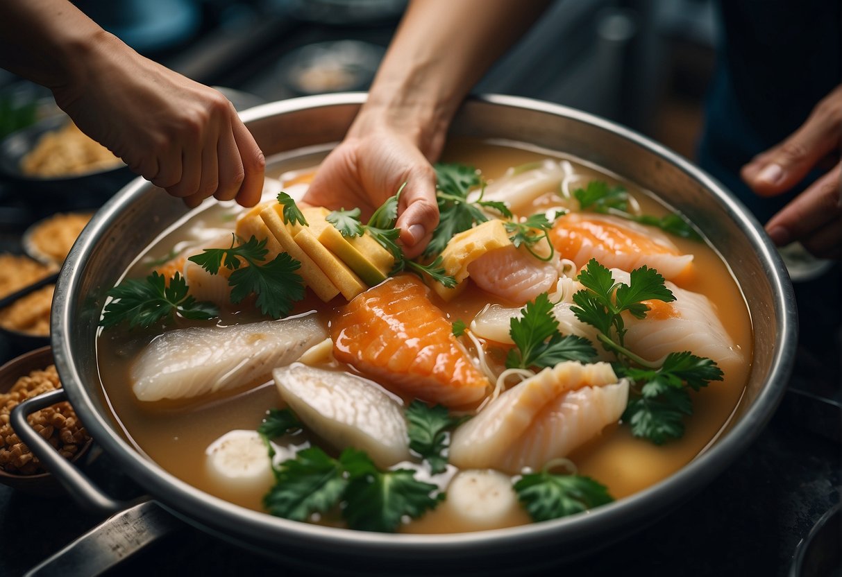 A hand reaches for fresh fish, ginger, and milk for Chinese fish soup