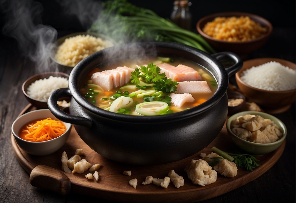 A steaming pot of Chinese fish soup surrounded by ingredients like ginger, scallions, and fish fillets, with a hint of aromatic spices and herbs