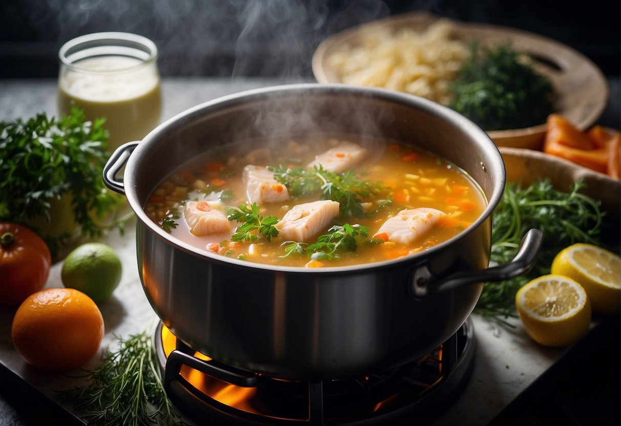 A pot simmers on a stove, filled with fish, milk, and aromatic herbs for Chinese fish soup. Ingredients surround the pot on a clean, organized kitchen counter