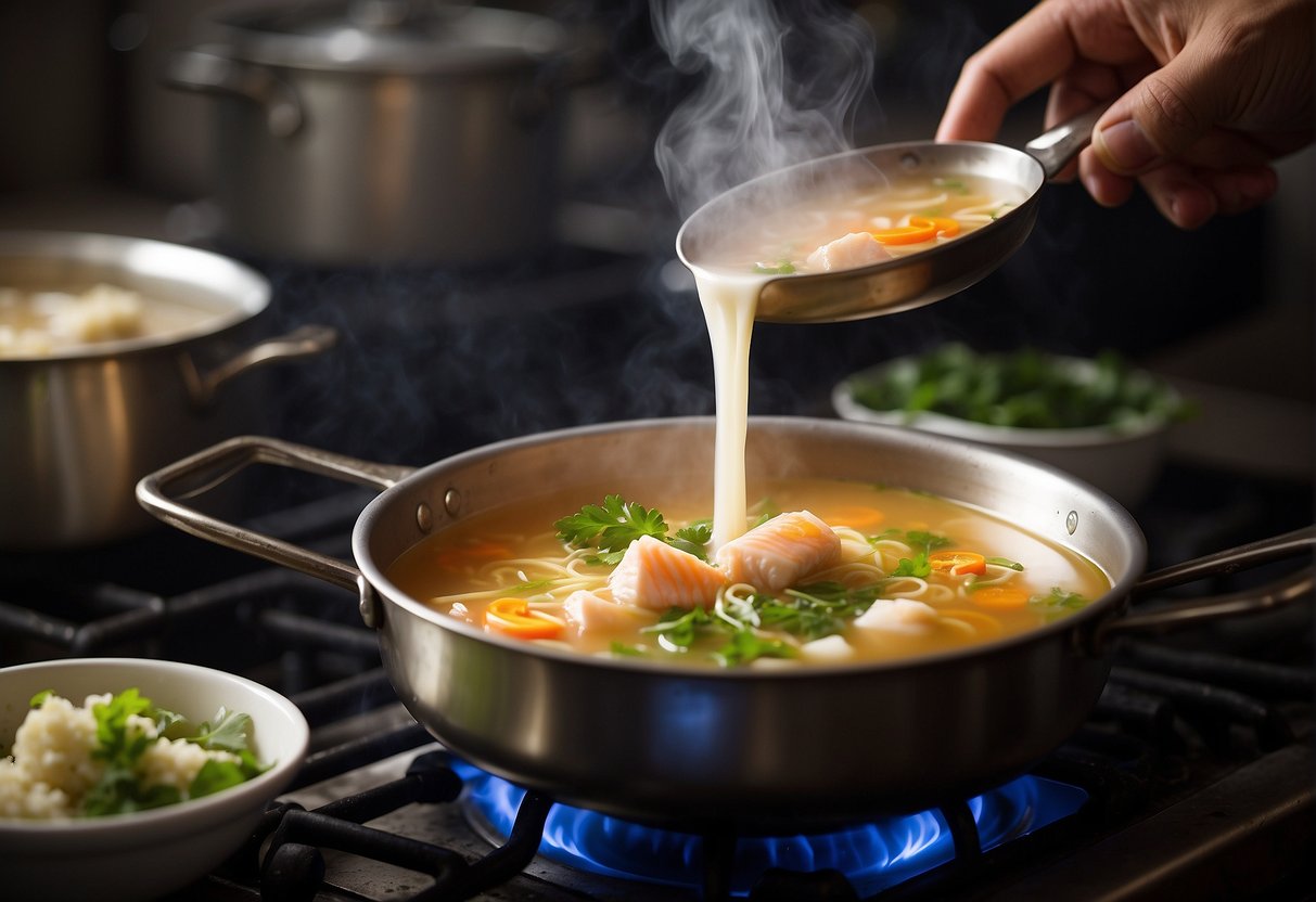 A pot simmers on a stove, filled with fragrant broth, fish, and milk. Steam rises as the ingredients meld together in the traditional Chinese fish soup recipe