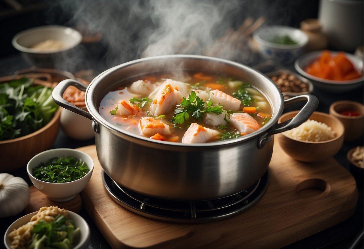 A steaming pot of Chinese fish soup surrounded by various ingredients and utensils on a kitchen counter