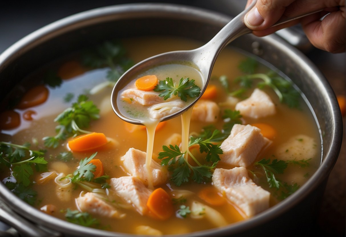 A hand pours milk into a pot of simmering Chinese fish soup. Seasonings are added, thickening the broth as it cooks