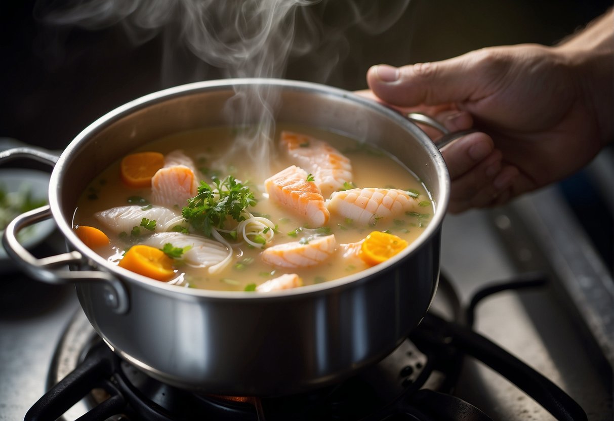 A hand pours milk into a pot of steaming fish soup, adding final touches before serving