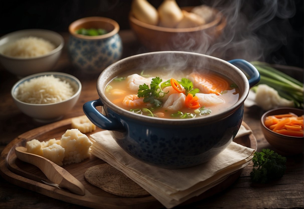 A steaming pot of Chinese fish soup with milk, surrounded by various ingredients and a recipe book open to the "Frequently Asked Questions" page