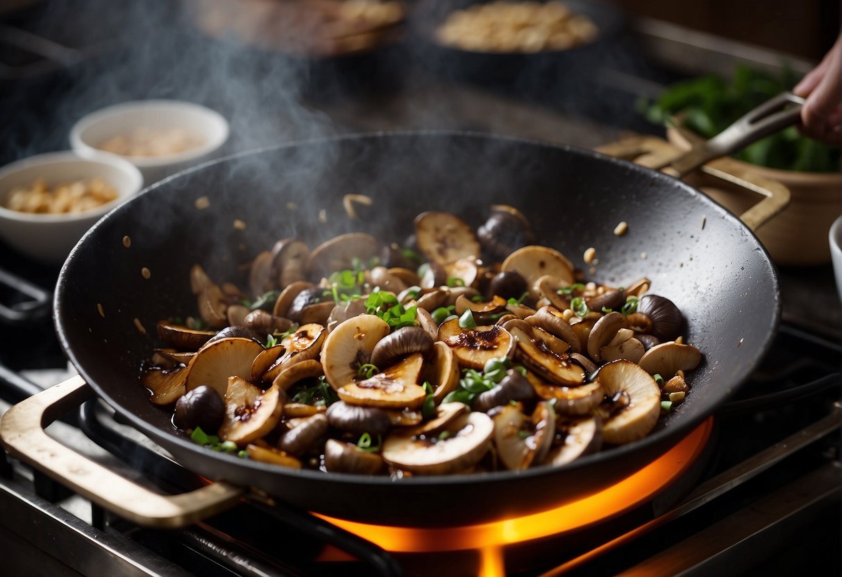 A wok sizzles with mixed mushrooms, stir-fried in a savory Chinese sauce. Steam rises as the earthy aroma fills the kitchen