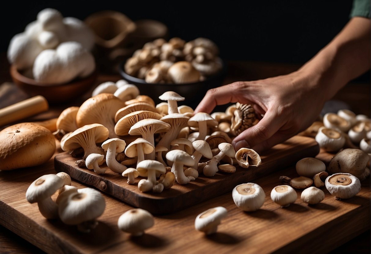 A hand reaching for a variety of mushrooms, including shiitake, oyster, and enoki, displayed on a wooden cutting board with Chinese cooking utensils nearby