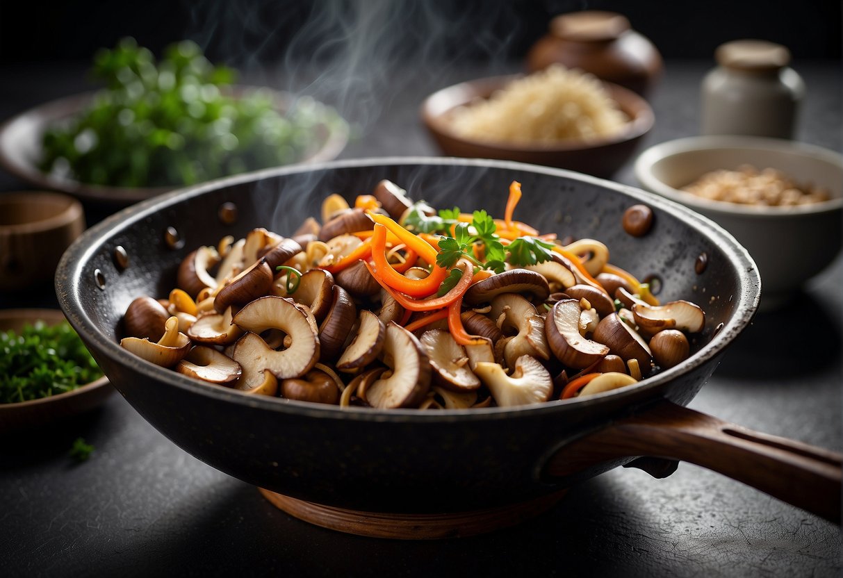 A wok sizzles with mixed mushrooms, soy sauce, and ginger. Chinese characters label essential ingredients and substitutes