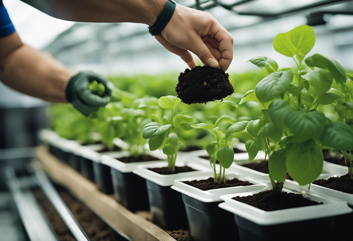 Hydroponic plants being transferred to soil, roots exposed, soil and pots nearby