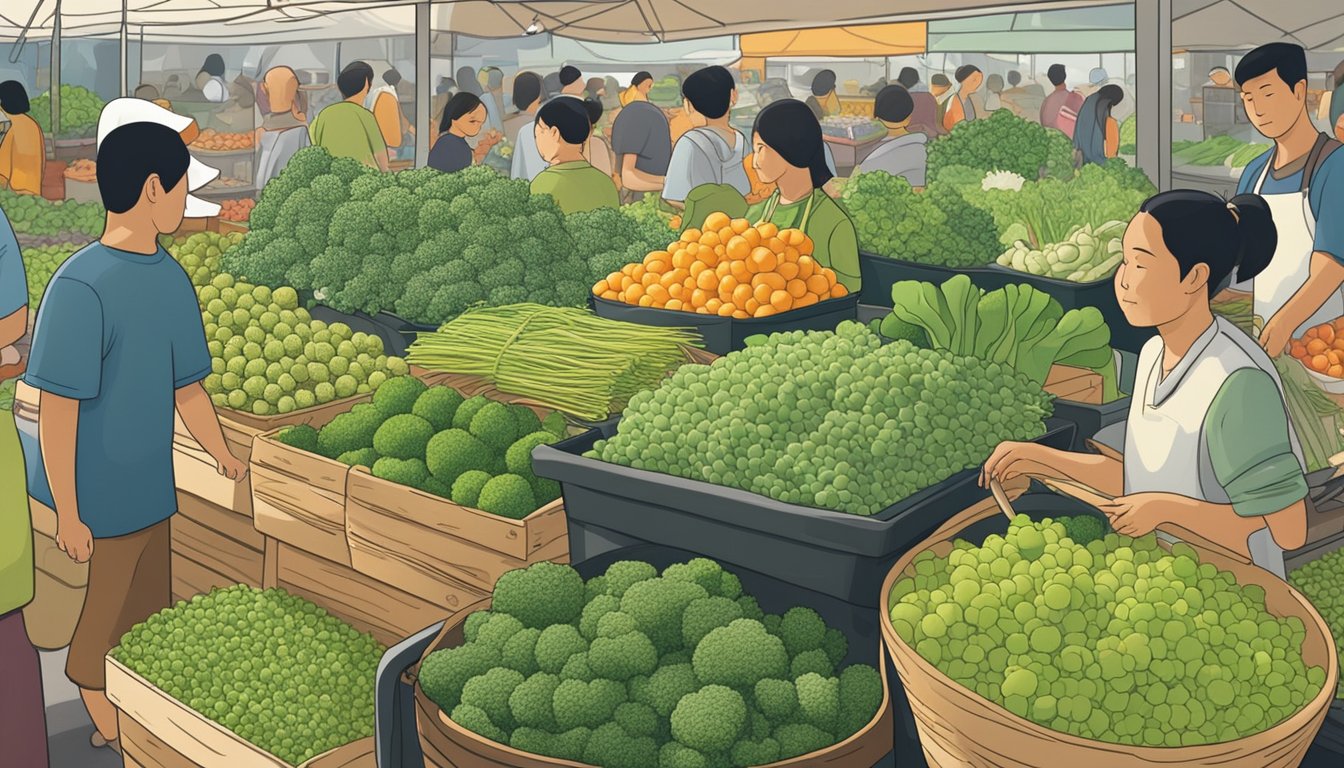 A bustling market stall displays fresh broccoli sprouts in Singapore. Shoppers browse the vibrant array of produce, while the vendor arranges the delicate greens in neat rows