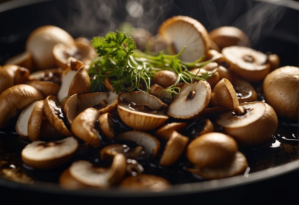 Mushrooms being washed, sliced, and marinated in a mixture of soy sauce, ginger, and garlic for a Chinese recipe