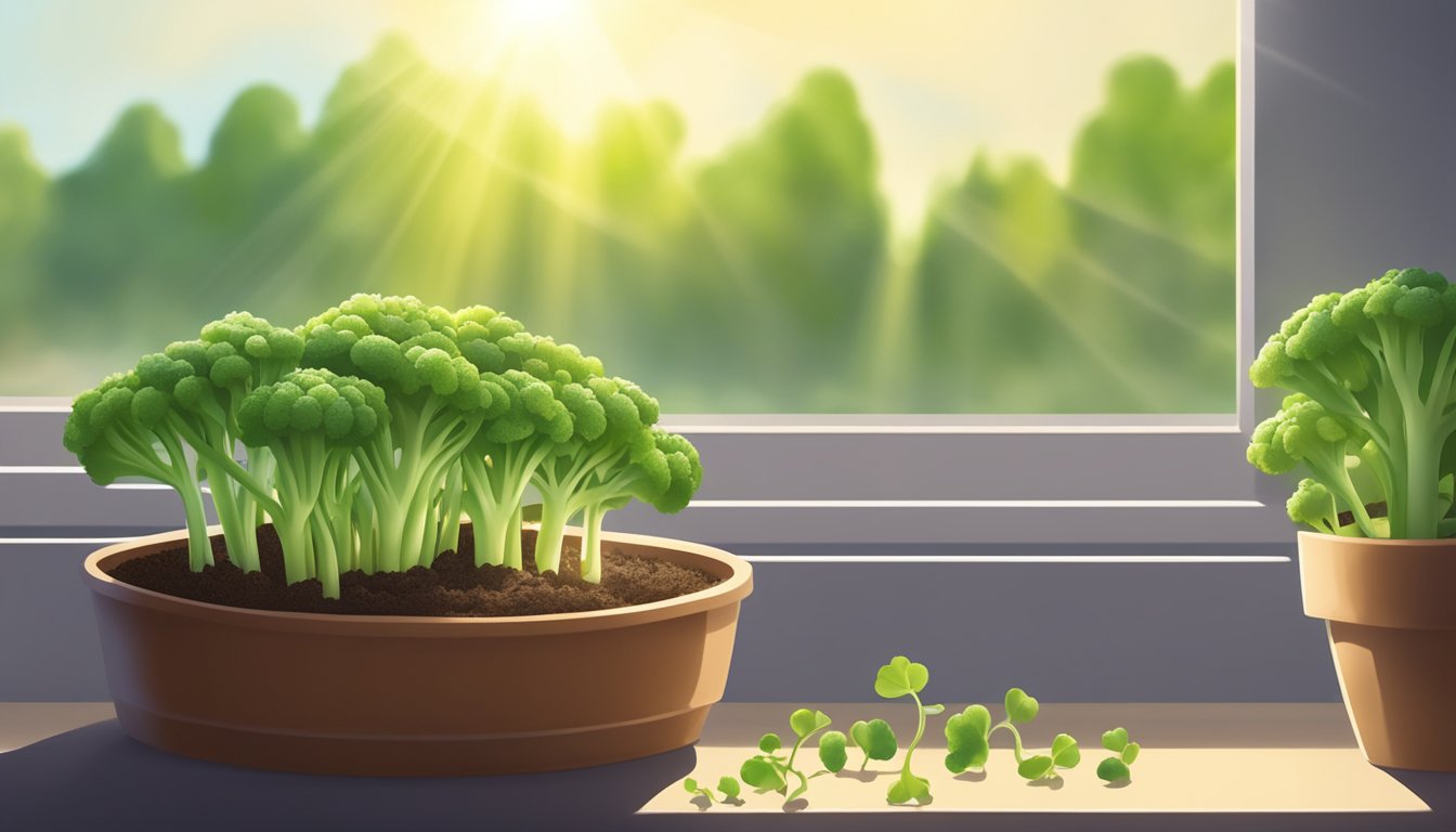 Lush green broccoli sprouts sprouting from soil in a small pot, sunlight streaming in through a nearby window