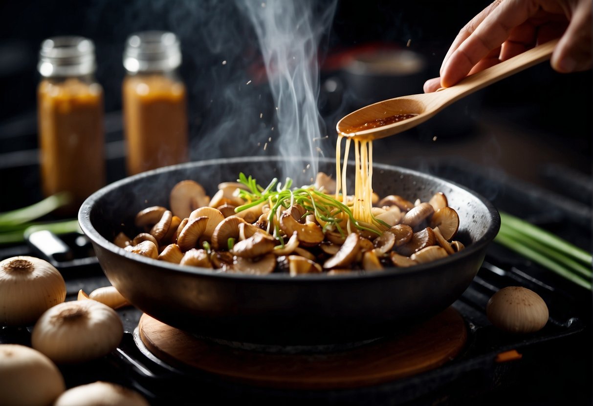 Sizzling mushrooms, garlic, and ginger in a hot wok. Steam rises as soy sauce and sesame oil are added. The aroma of the stir fry fills the kitchen