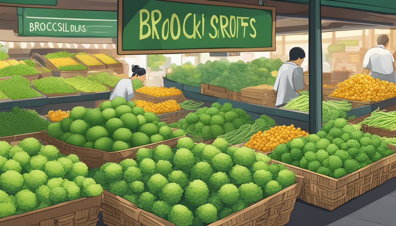 A bustling market stall with vibrant green broccoli sprouts neatly displayed in baskets, with a sign indicating "Broccoli Sprouts for Sale" in Singapore