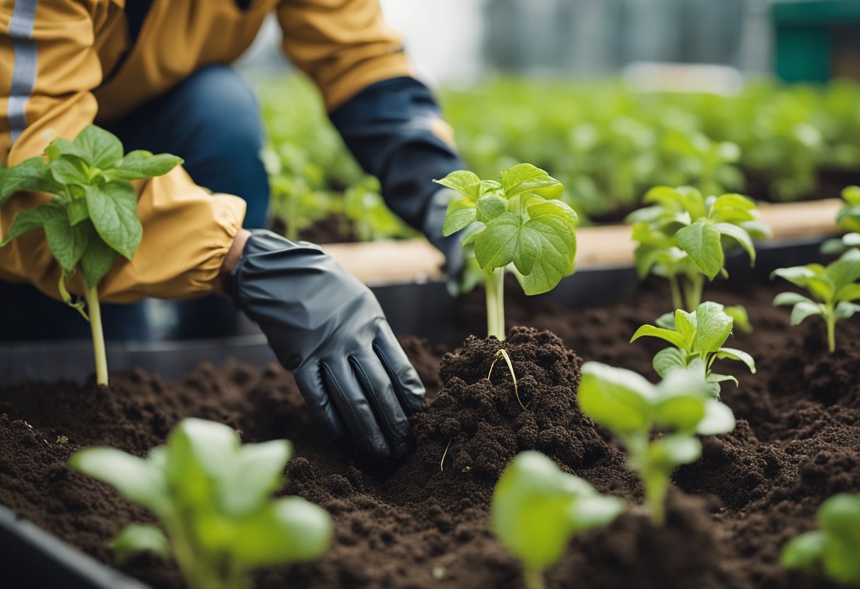 Hydroponic plants being transferred into soil with small shovel and gardening gloves nearby. Roots and soil visible in the process