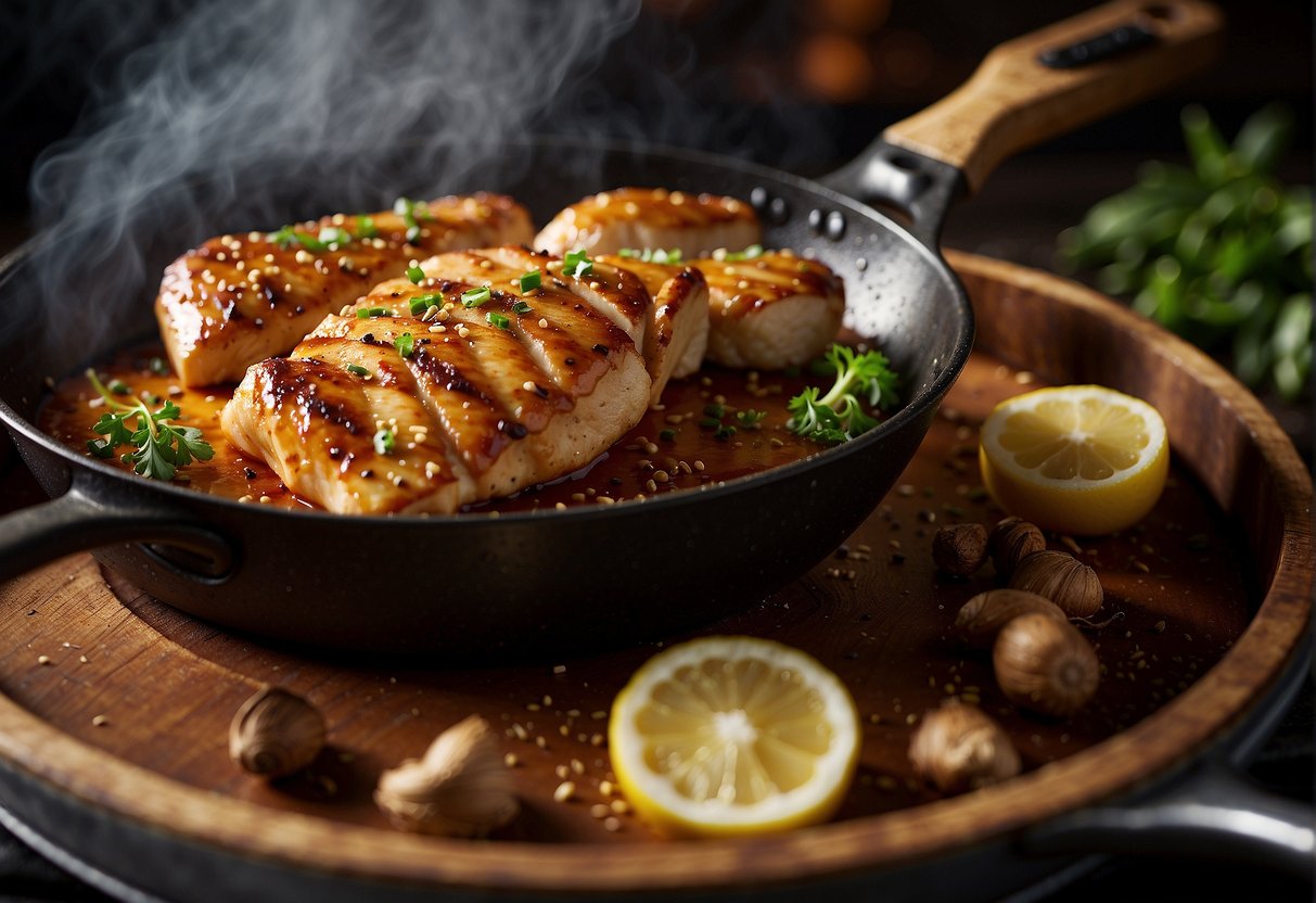 A sizzling chicken breast is being seasoned with Chinese five spice, garlic, and ginger in a hot skillet. Steam rises as the meat sears to a golden brown