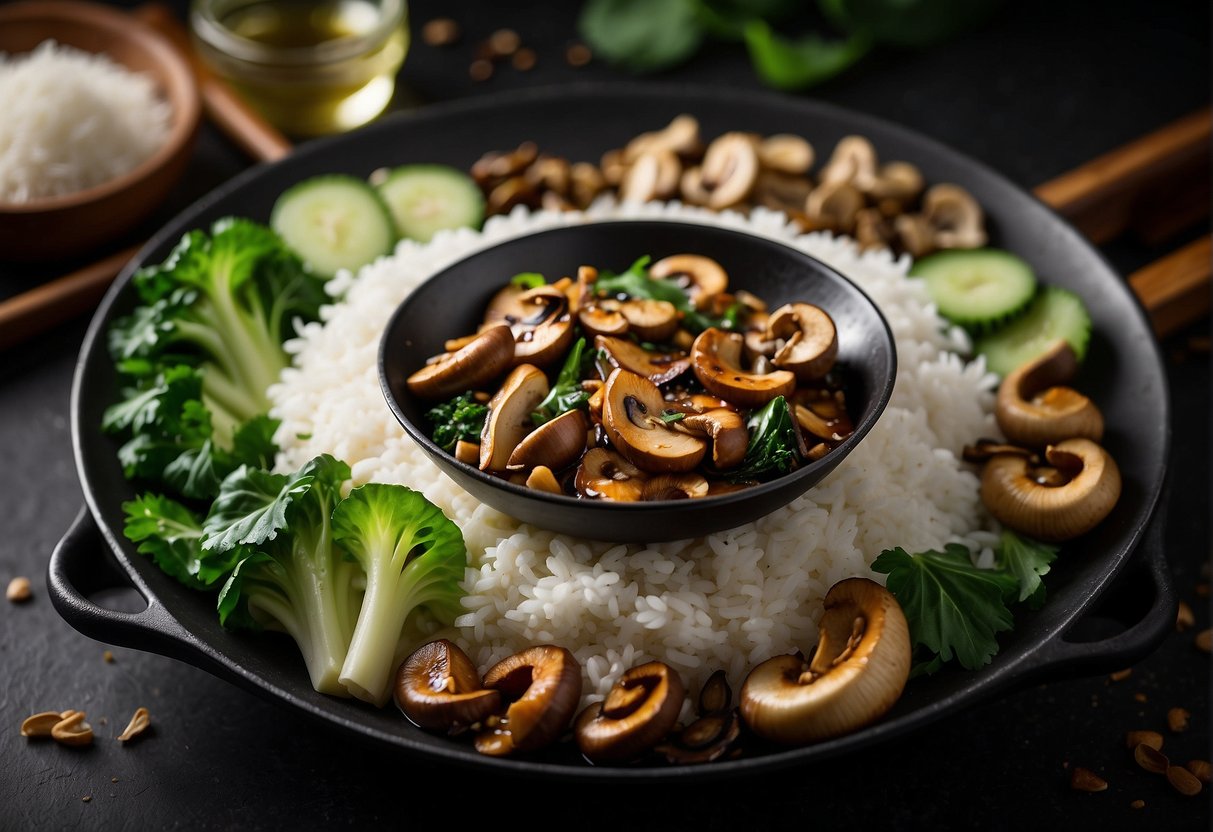 A steaming wok filled with mixed mushrooms, sizzling in a savory Chinese sauce. Surrounding the dish are vibrant green bok choy and fluffy white steamed rice