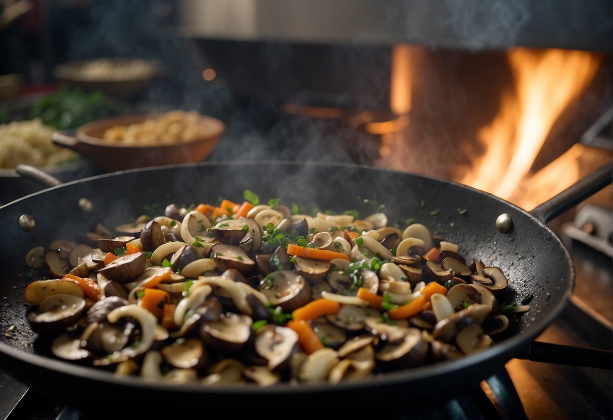 A wok sizzles with a medley of mixed mushrooms, garlic, and ginger, as a chef in a bustling Chinese kitchen prepares a popular recipe