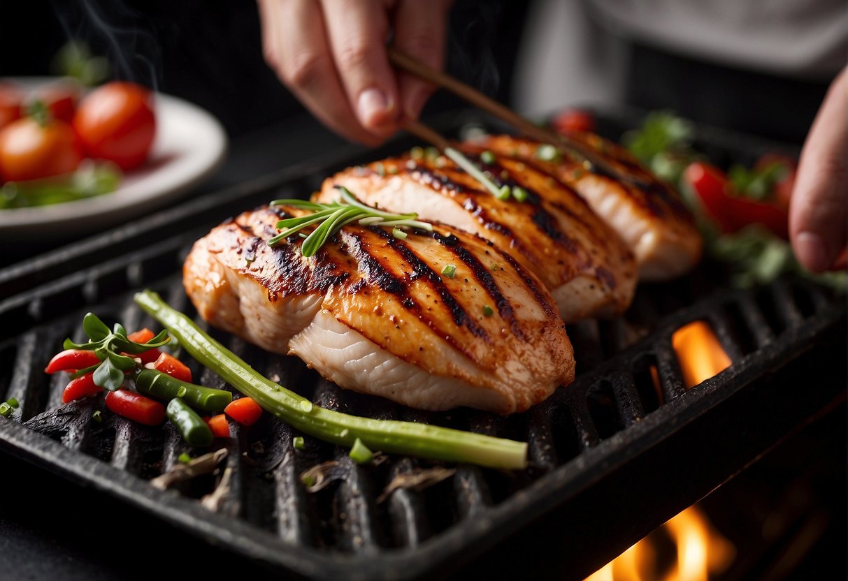 A chef seasons chicken breasts with Chinese five spice, then grills them to perfection