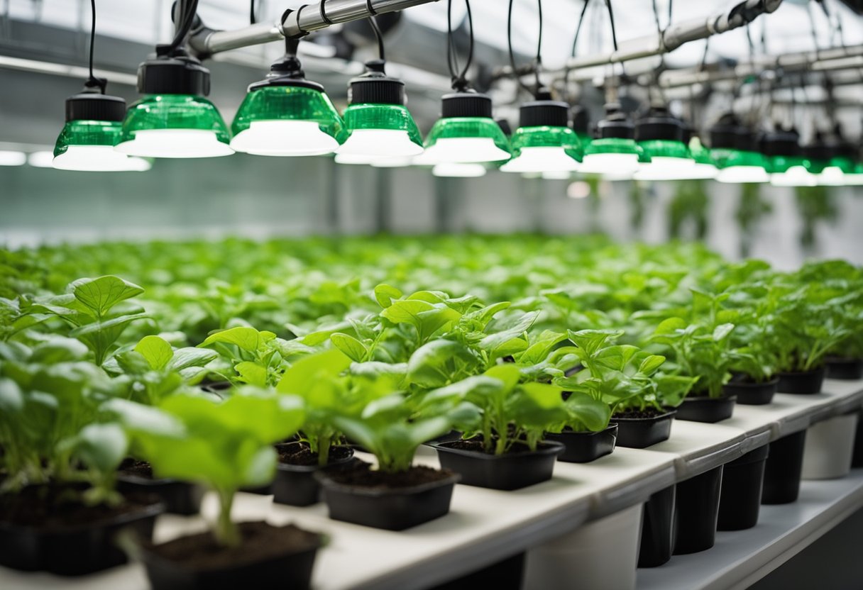 Lush green hydroponic plants thriving in soil, surrounded by transplanting tools and labeled containers, illustrating successful transplant tips