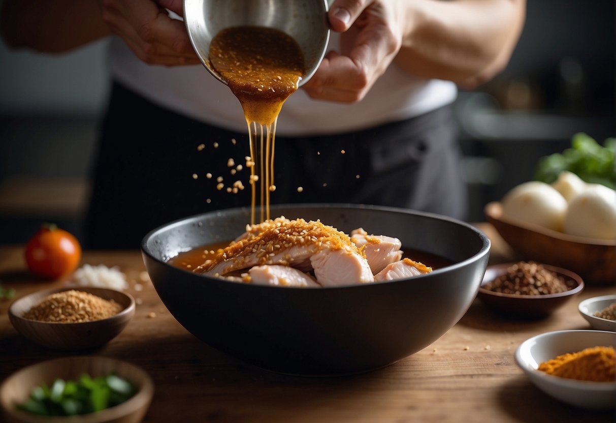 A chef mixes soy sauce, five spice powder, garlic, and ginger in a bowl. They then coat the chicken breasts in the marinade