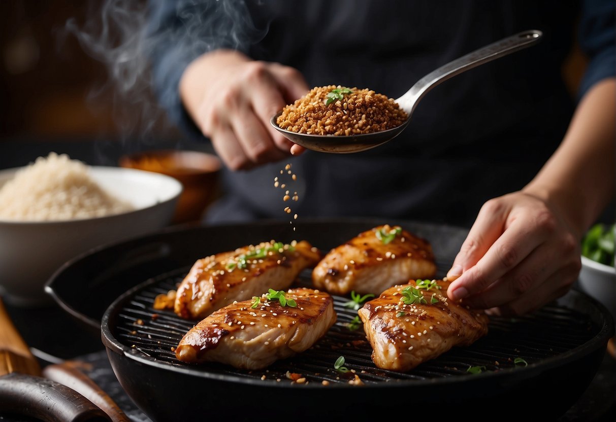 Chinese five spice chicken breast being marinated in a mixture of soy sauce, five spice powder, and garlic. A chef grilling the chicken until golden brown